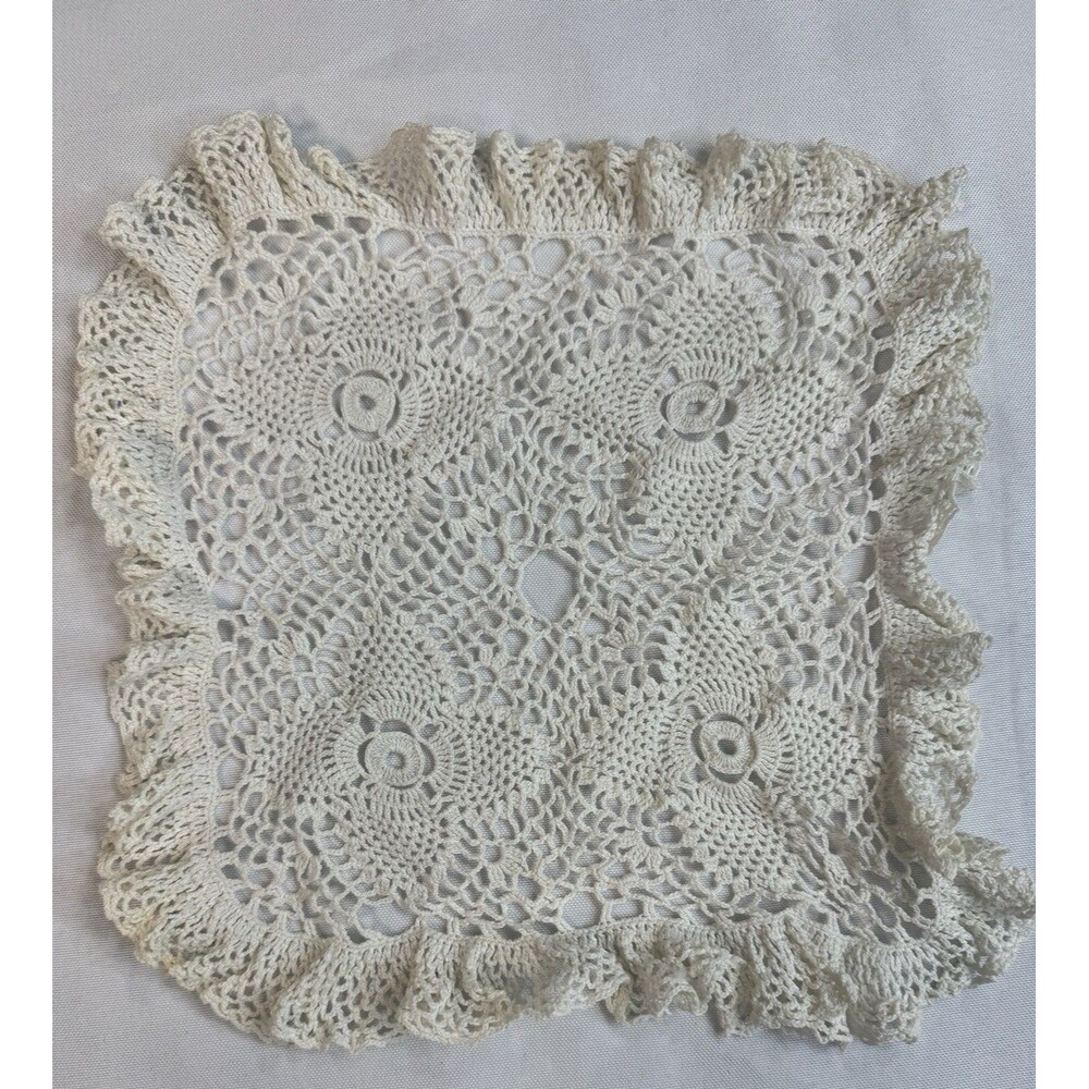 Vintage Handmade Off White Crocheted Table Doily Ruffled Trim 9 Inch Square